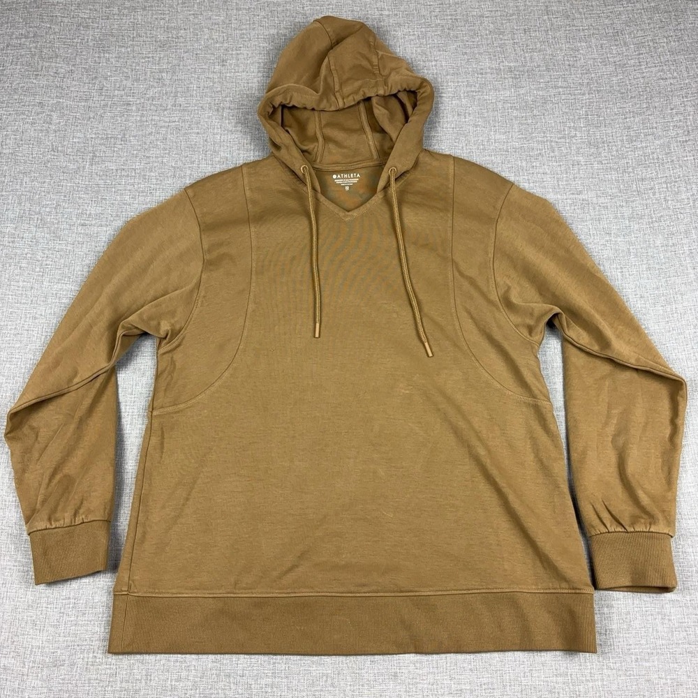 Athleta Hoodie Womens XS Brown V-Neck Pullover Jersey Pockets Logo Stretch